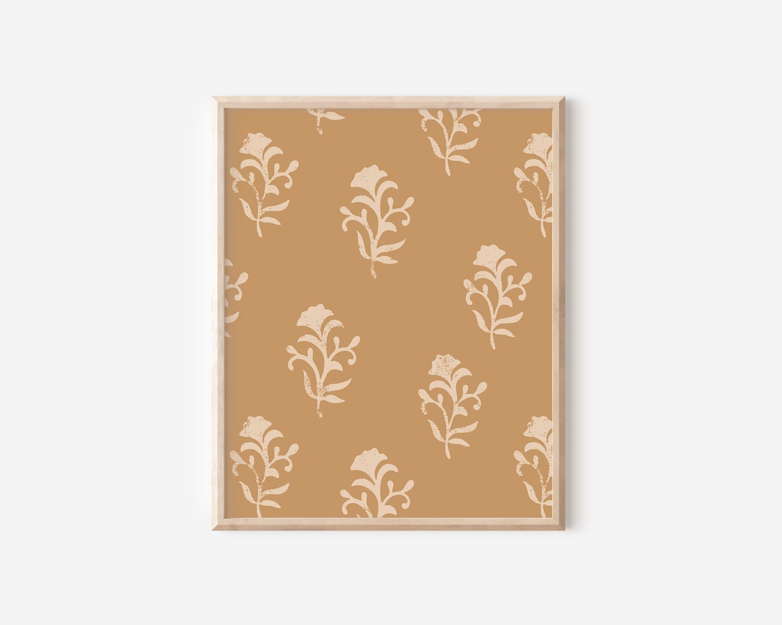 Boho Block Pattern Mustard Floral Sprig Retro Kitchen Poster