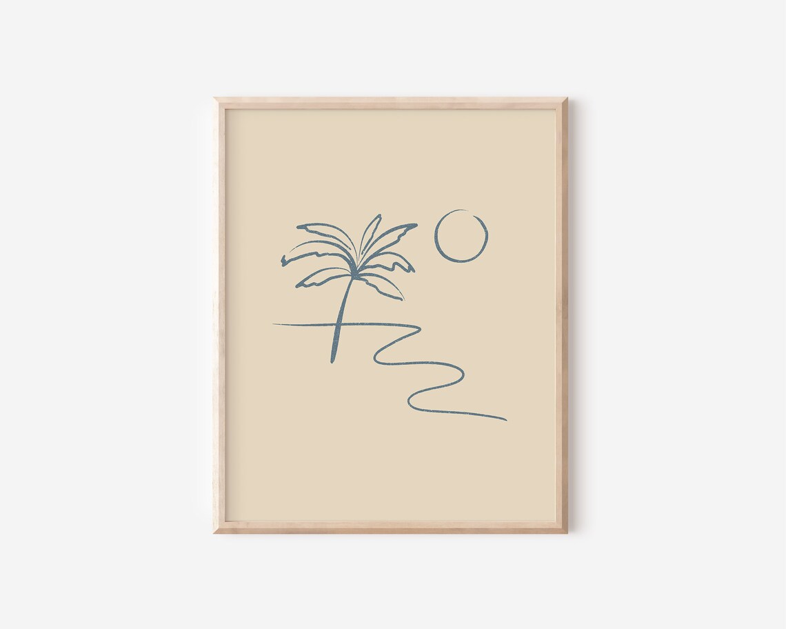 Palm Tree Beach Scene, Boho Coastal Line Art Print