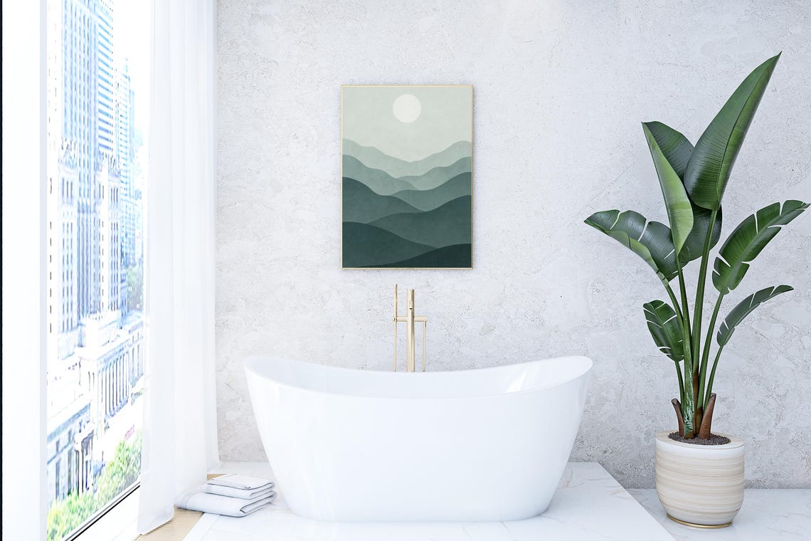Green Mountain Waves Painting Minimalist Sun Japandi Nature Poster - Image 4
