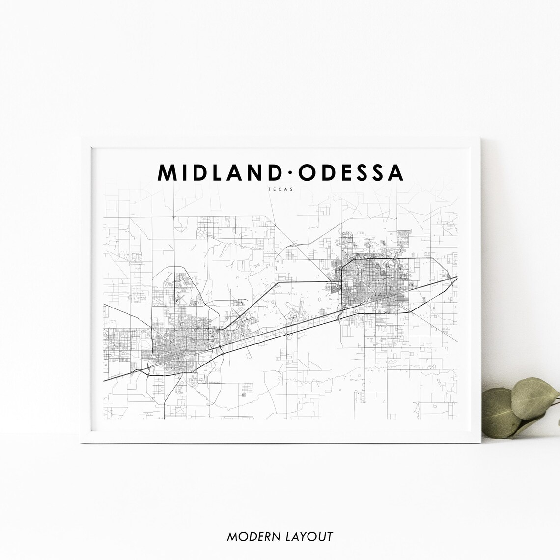 Midland Odessa Texas USA Minimalist City Street Map Wall Print
