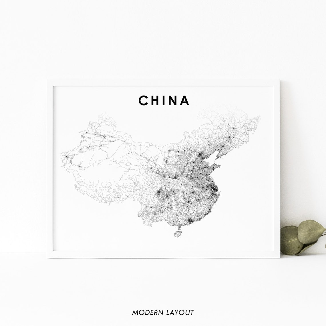 China Country Road Network Map Modern Minimalist Black White Poster