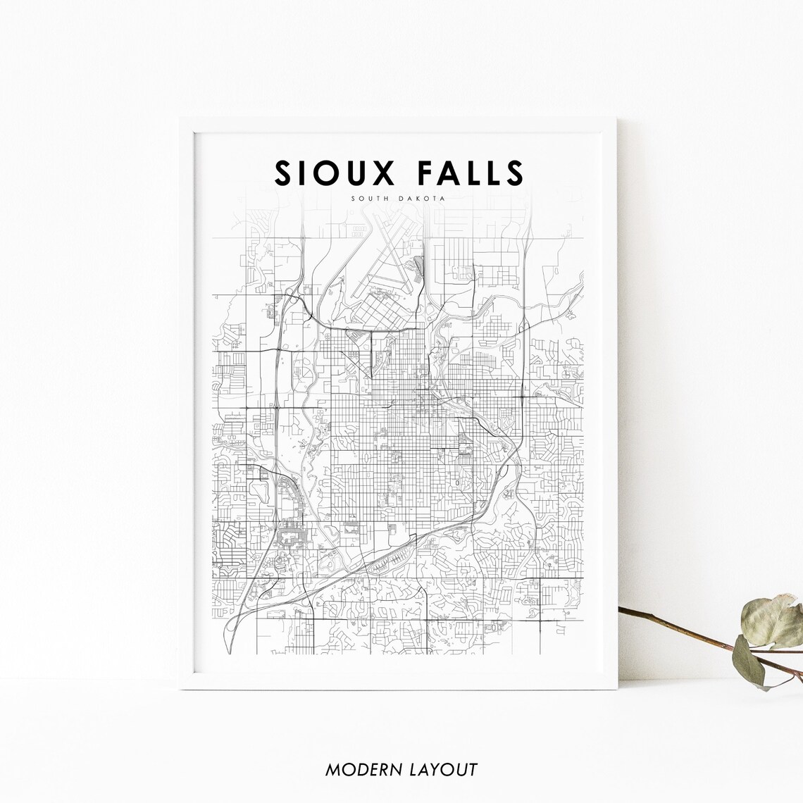 Sioux Falls SD Map Print, South Dakota City Road Art