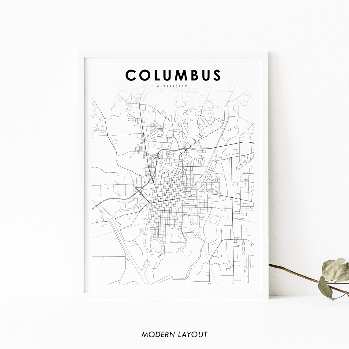 Columbus Mississippi Modern City Street Map Minimalist Line Art Poster