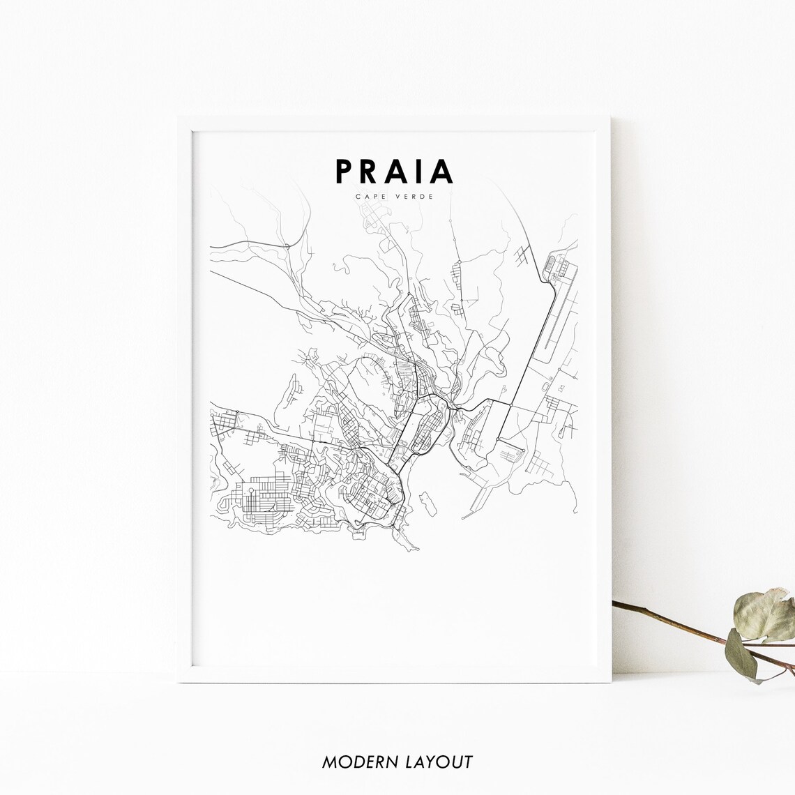Praia Cape Verde Minimalist City Map Black and White Art Poster
