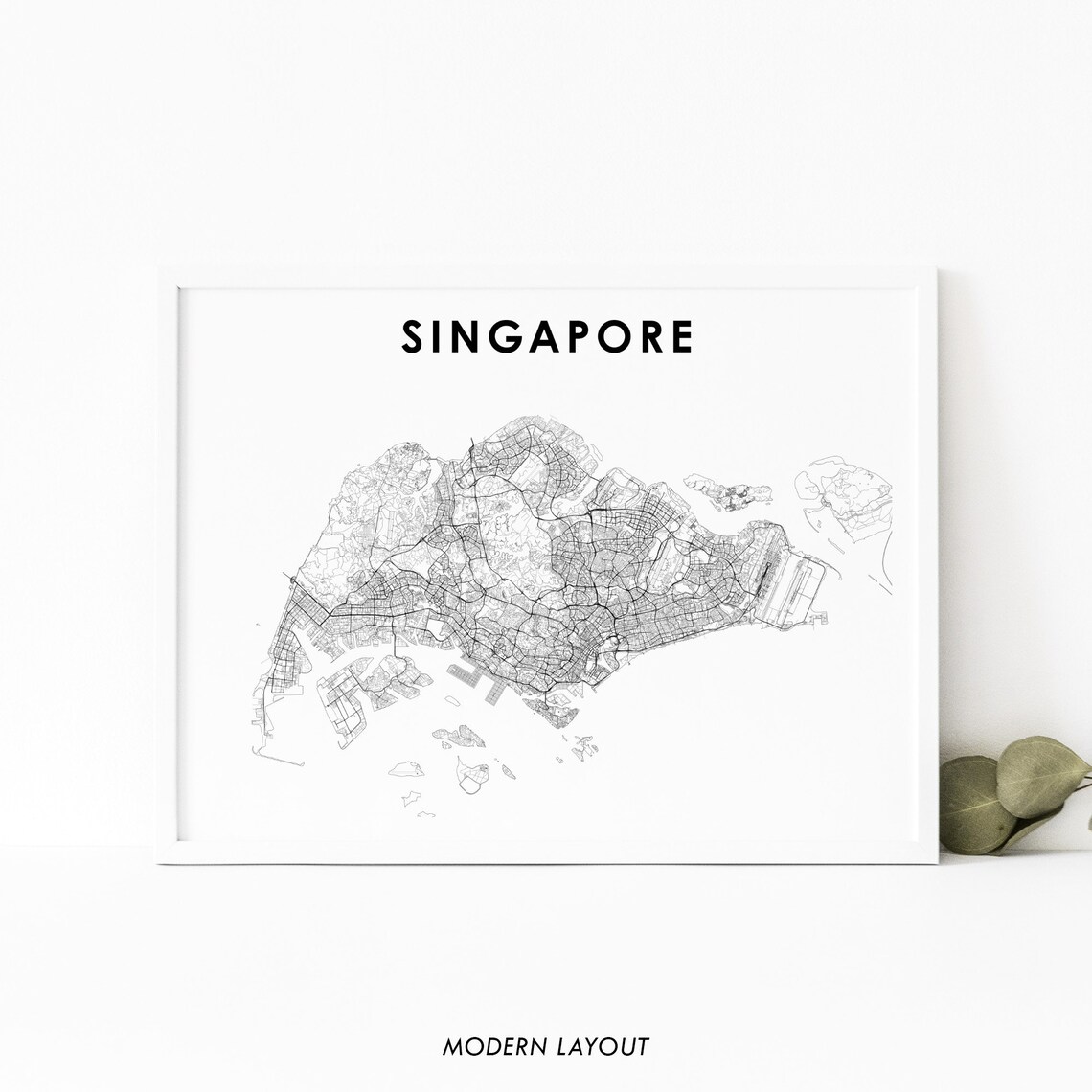 Singapore Minimalist Black And White Country Road Map Modern Art Poster