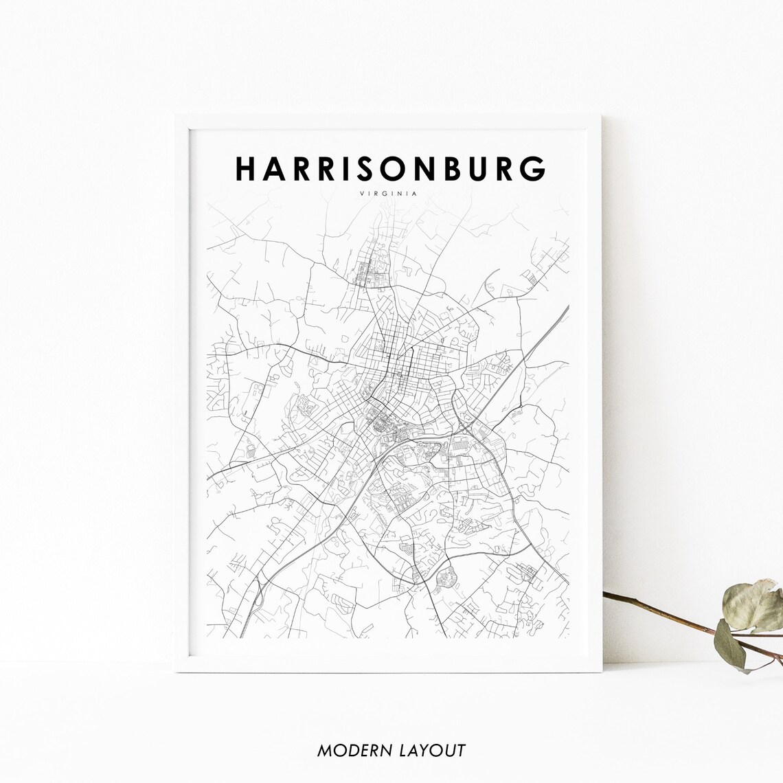 Harrisonburg VA Map Print, Virginia Street Poster