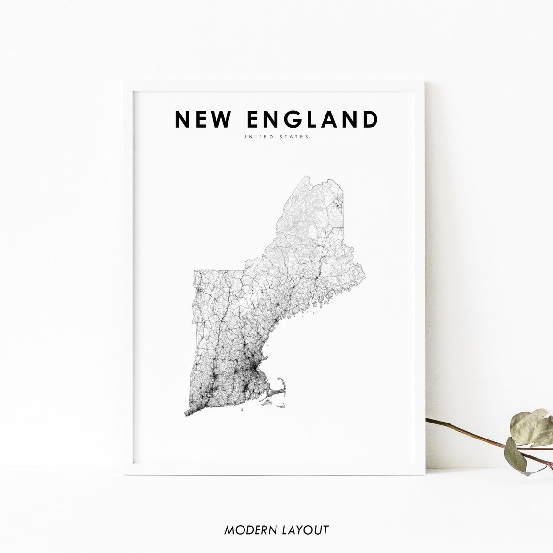 New England Region Road Map Minimalist Black Line Art Wall Poster