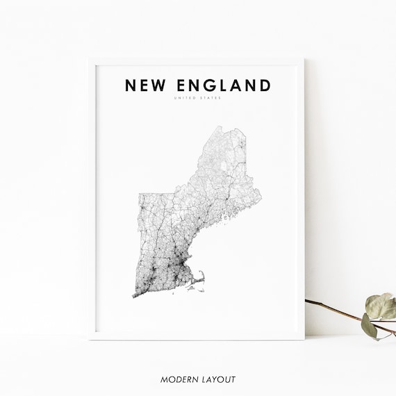 New England Map Print United States Usa Art Poster Massachusetts Maine Vermont Nursery Room Office Wall Decor Minimalist