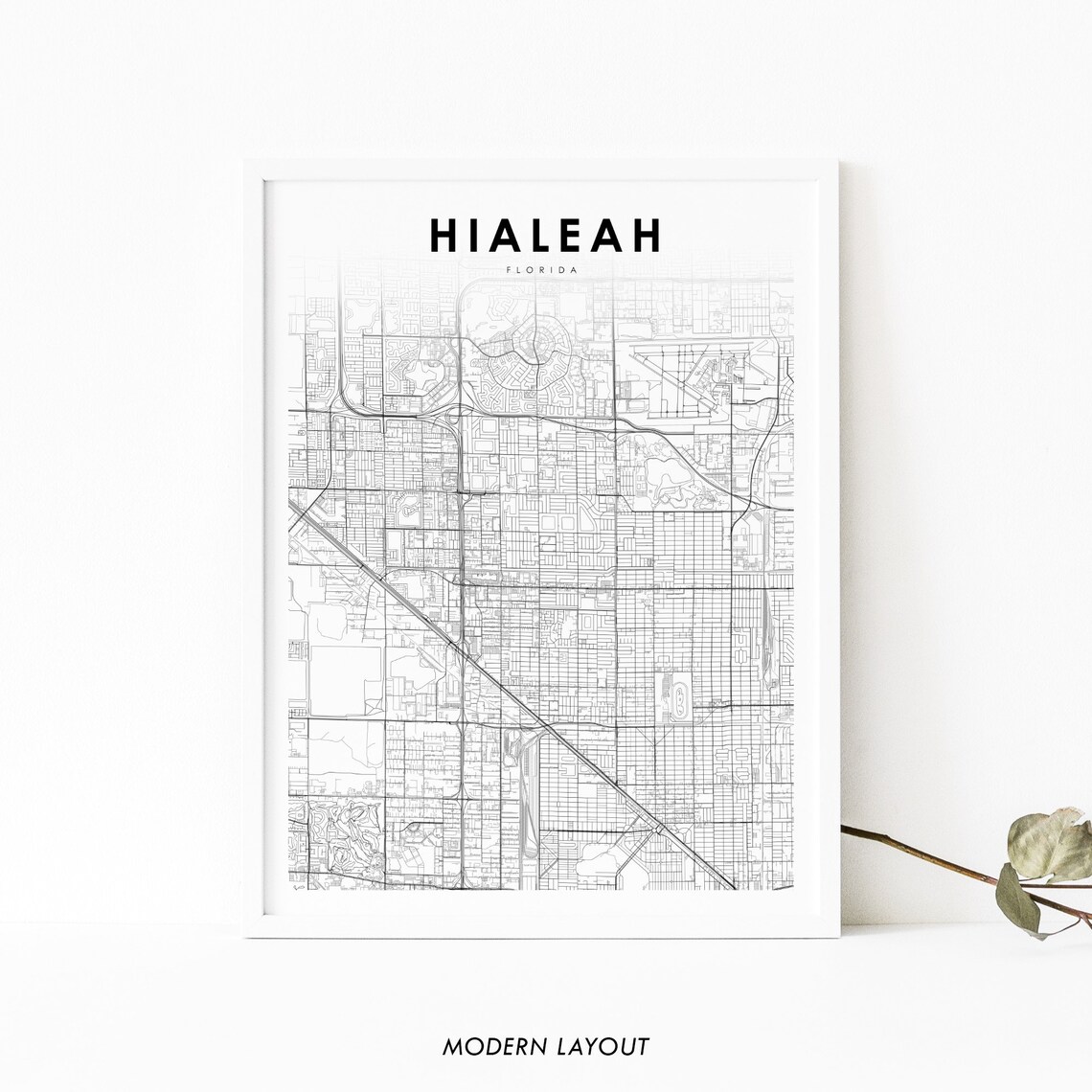 Hialeah Florida Street Map Print Minimalist Black and White Modern