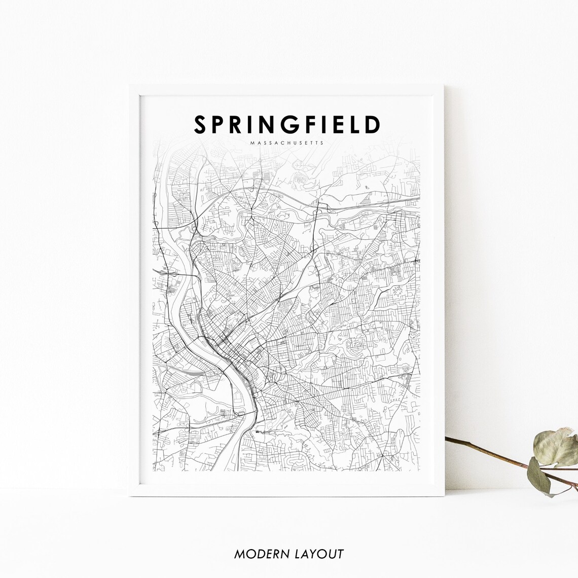 Springfield Massachusetts Modern Minimalist Street Map Art Poster