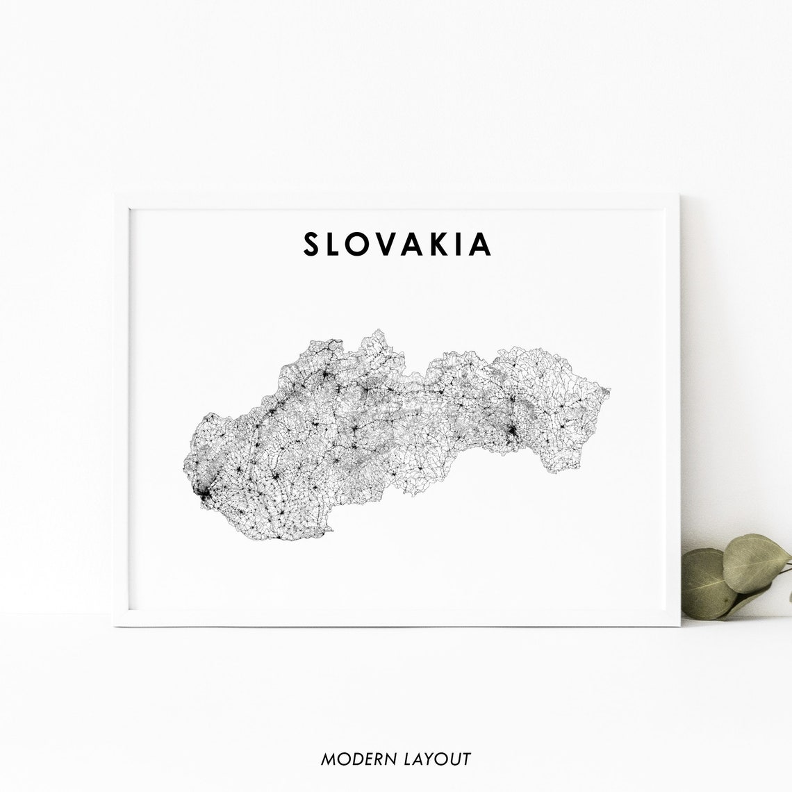 Slovakia Country Road Network Map Minimalist Modern Layout Wall Art