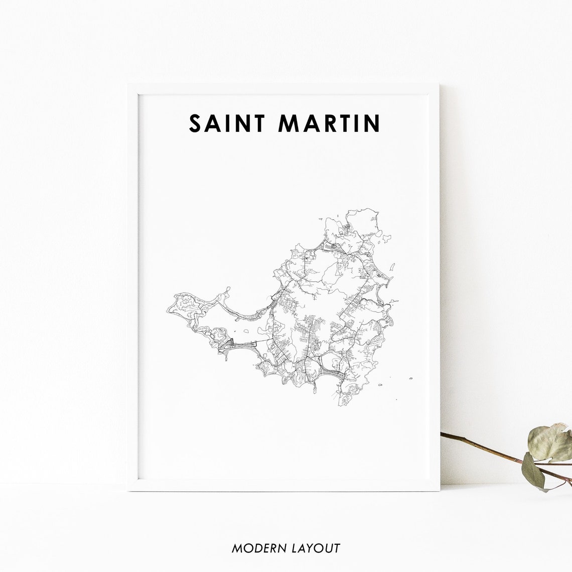 Saint Martin Caribbean Island Road Map Minimalist Home Art Print