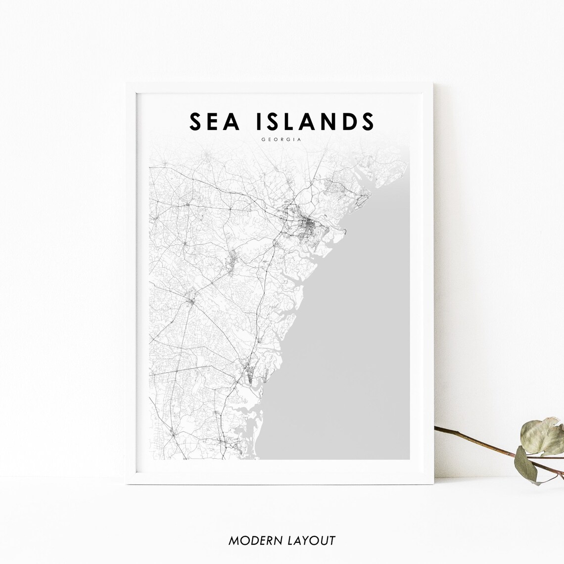 Sea Islands Georgia Black and White Coastal Street Map Poster