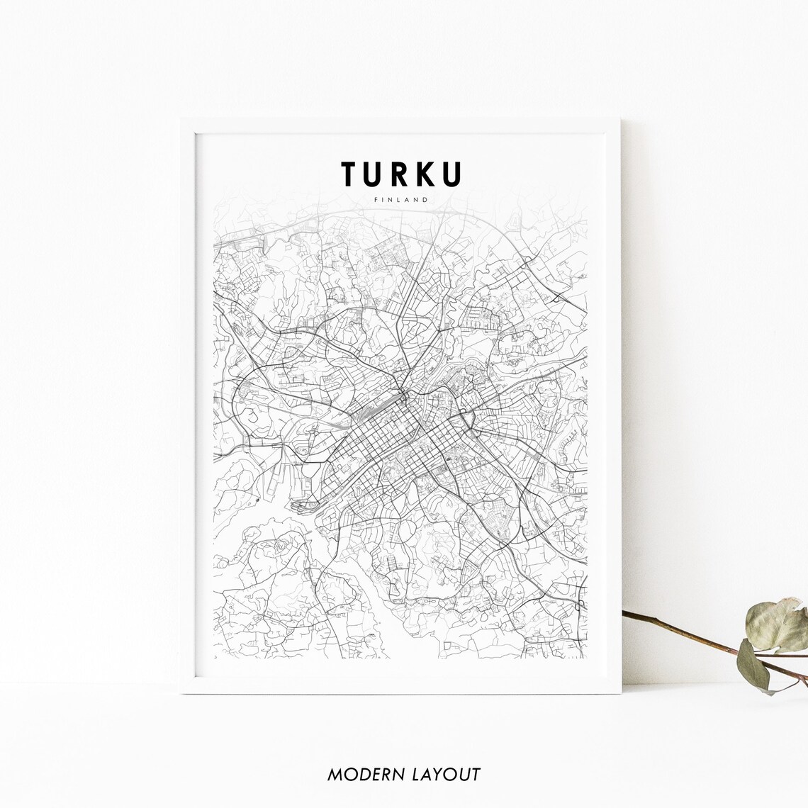 Turku Finland Minimalist Black And White City Map Line Art Poster