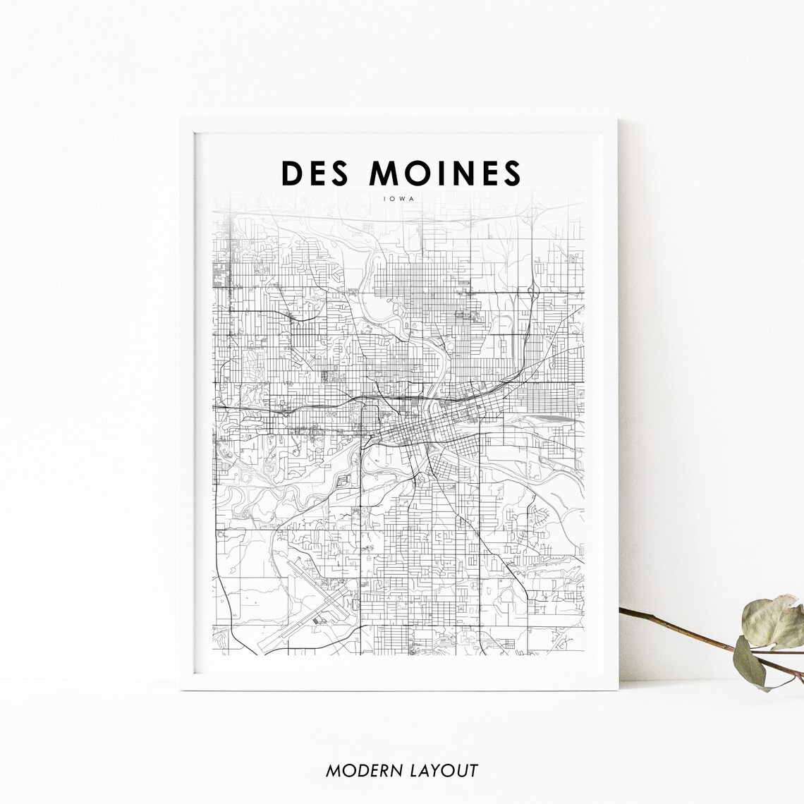Des Moines Iowa Minimalist Black White City Street Map Art Poster