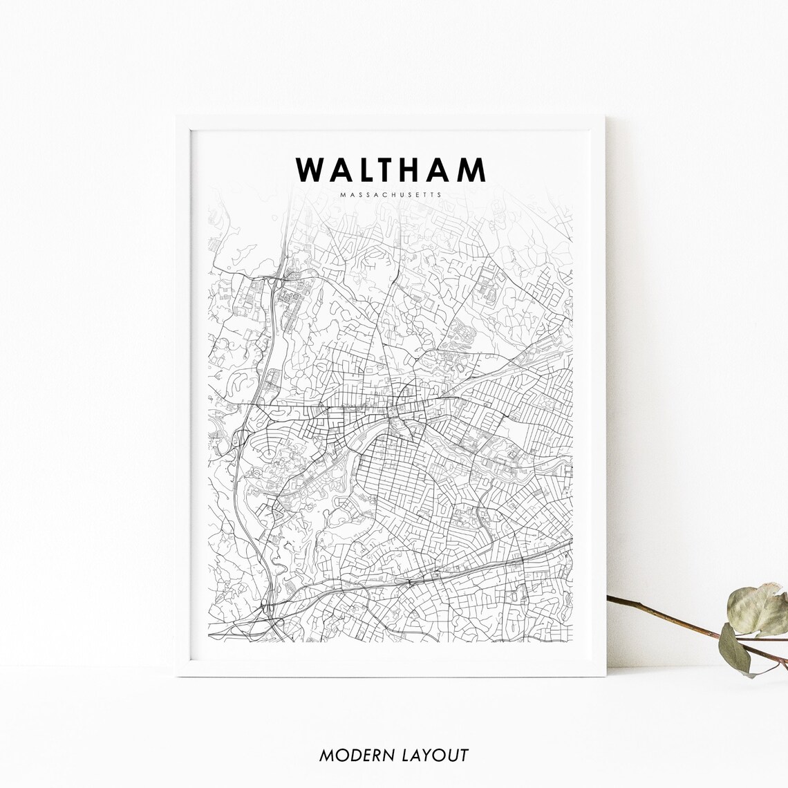 Waltham, MA Map Print, Massachusetts Travel Poster