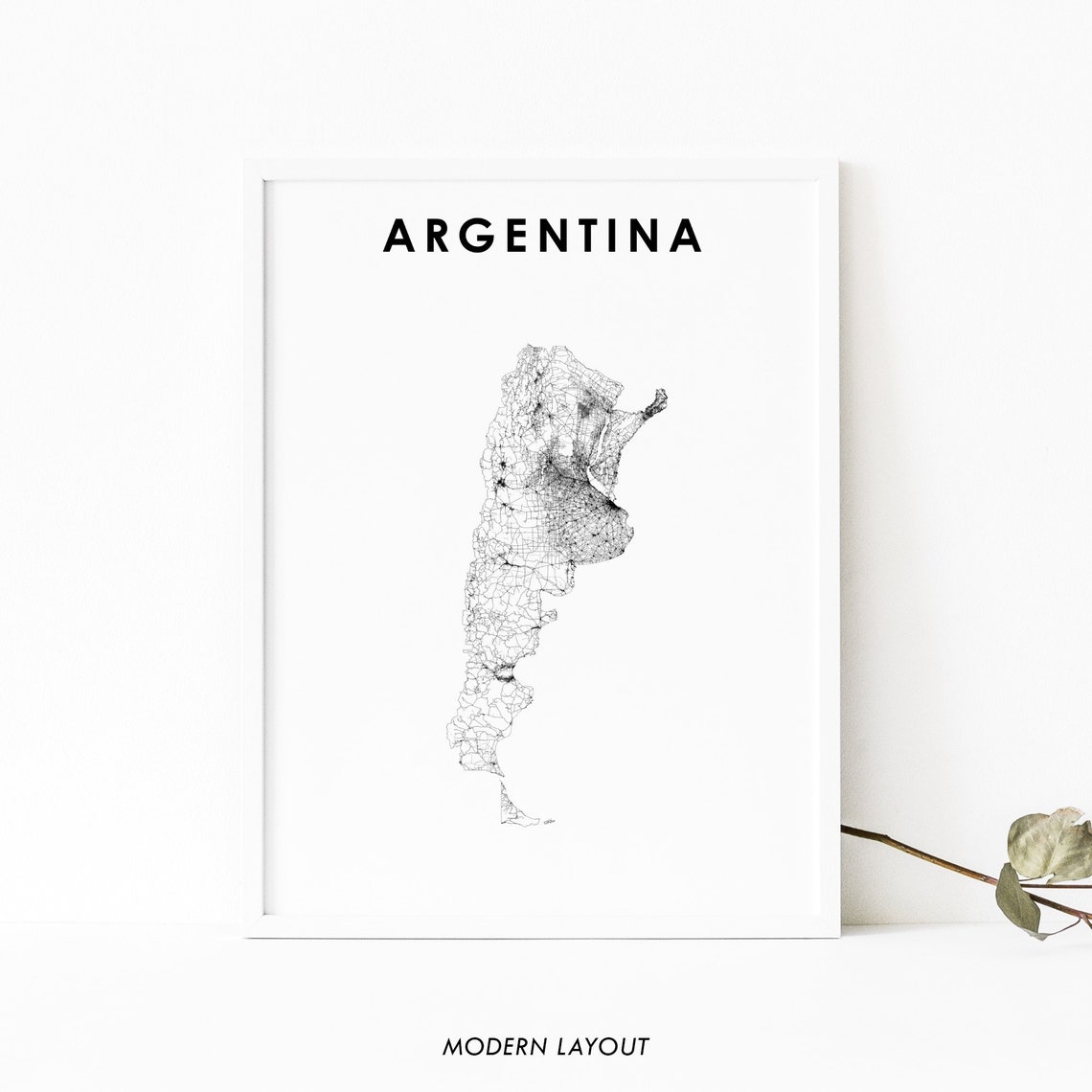 Argentina Country Road Map Poster, Black and White Modern Minimalist