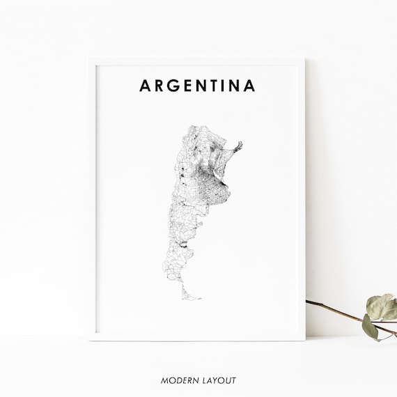 Argentina Country Road Map Poster, Black and White Modern Minimalist
