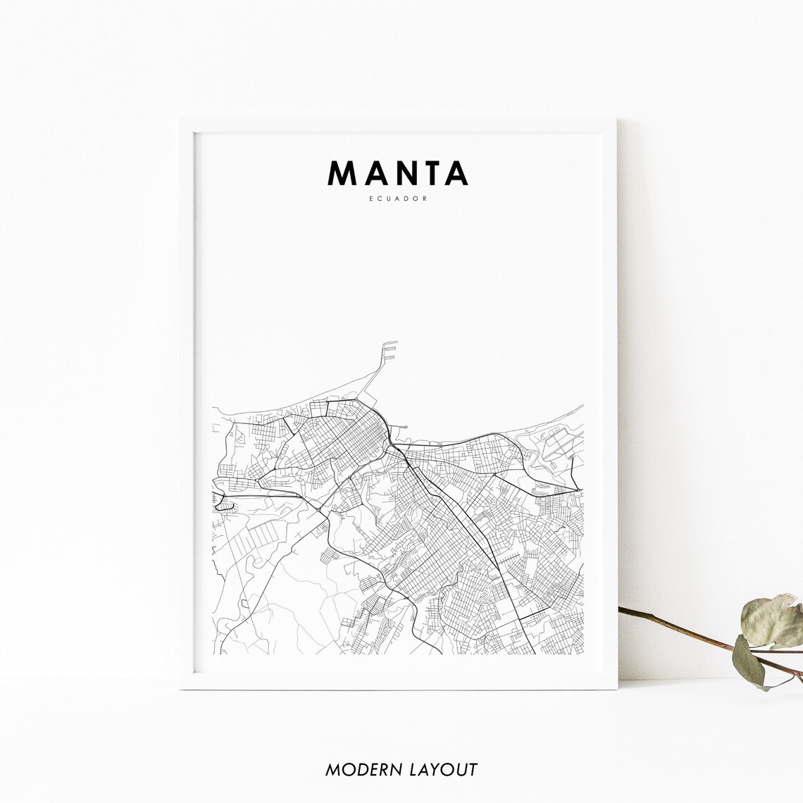 Manta Ecuador City Street Map Minimalist Black and White Wall Art