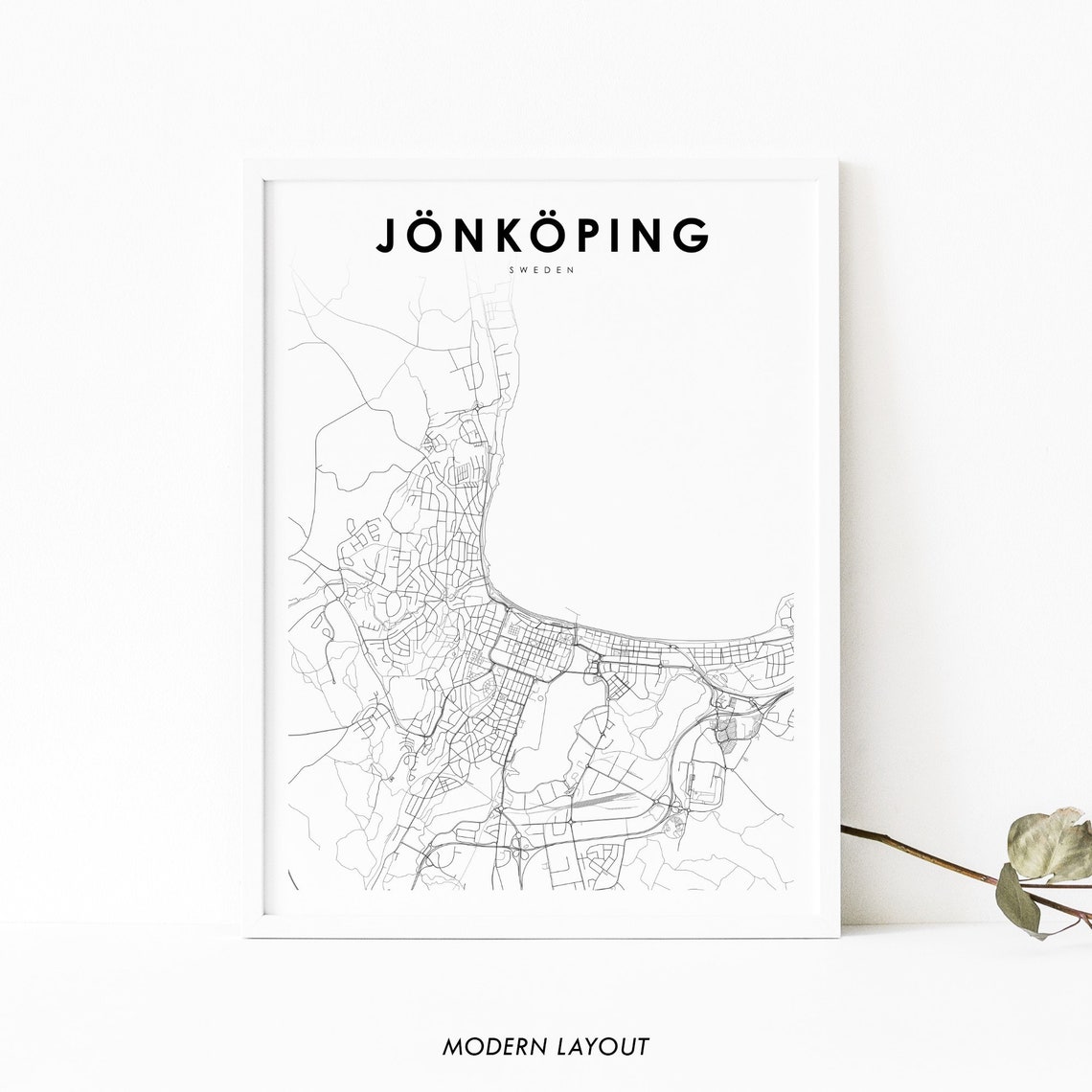 Jonkoping Sweden Minimalist Black and White Lake City Map Poster