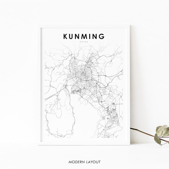 Kunming China Minimalist City Street Map Black White Line Art Poster