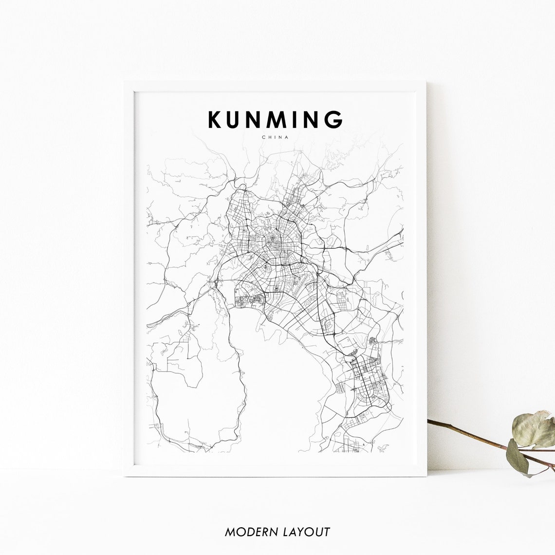 Kunming China Minimalist City Street Map Black White Line Art Poster