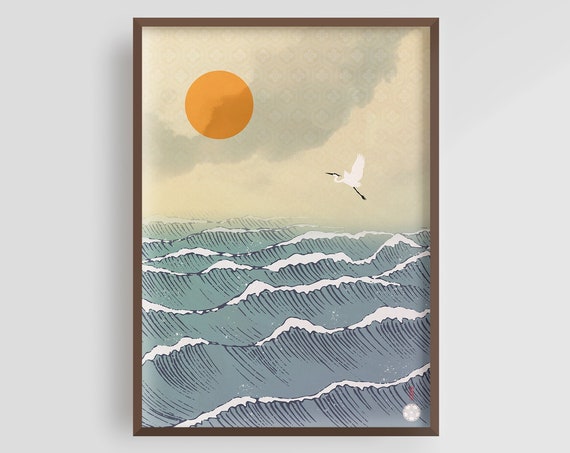 Japanese Crane and Waves Hokusai Art Print