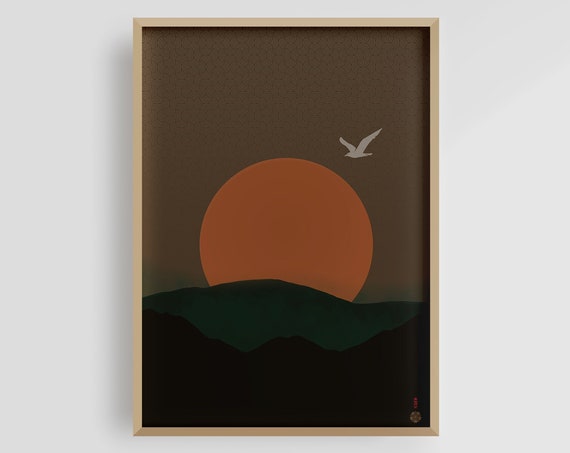 Japandi Art Print Zen Artwork Gallery Wall Art Japan Woodblock Print Sunset Art Print Japanese Wall Decor Seagull Poster