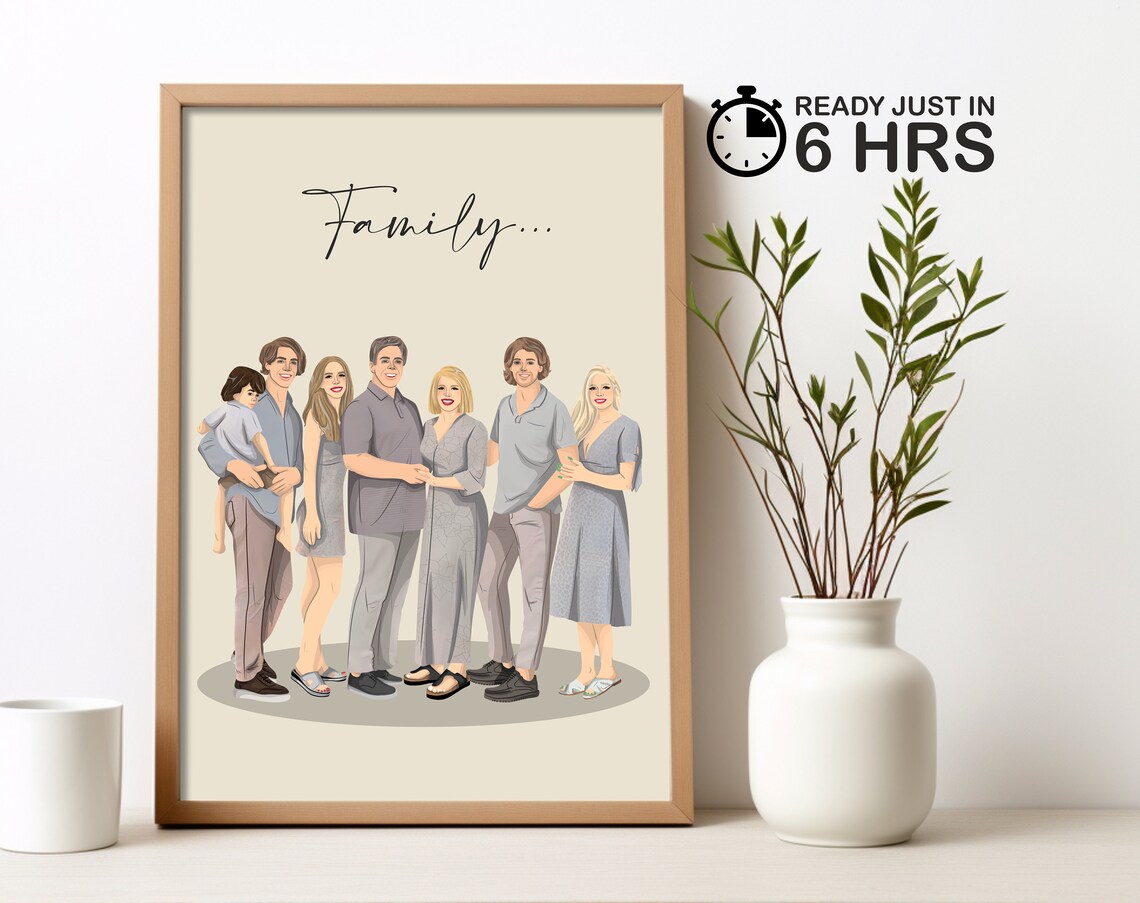 Custom Personalized Extended Family of Seven Illustration Poster