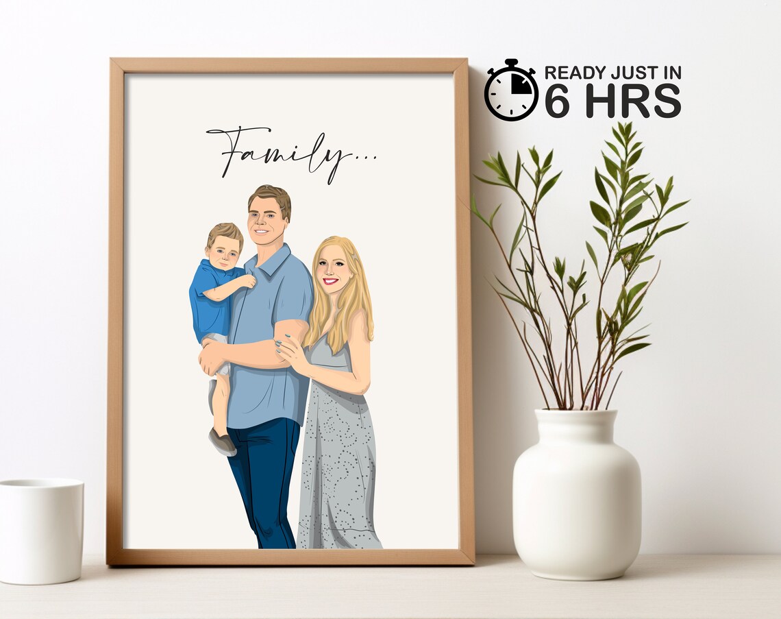Family Custom Vector Portrait Parents And Child Illustration Poster