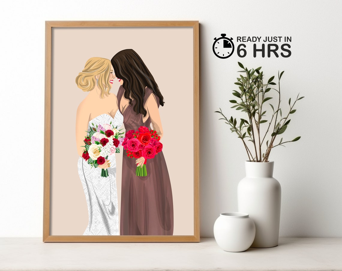 Bridesmaid And Bride With Red Rose Bouquets Wedding Day Poster
