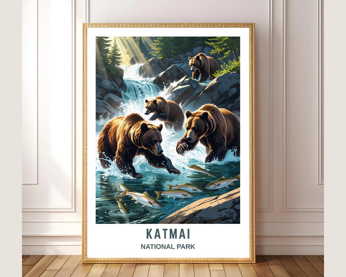 Katmai National Park Brown Bears Fishing Salmon Falls Travel Poster