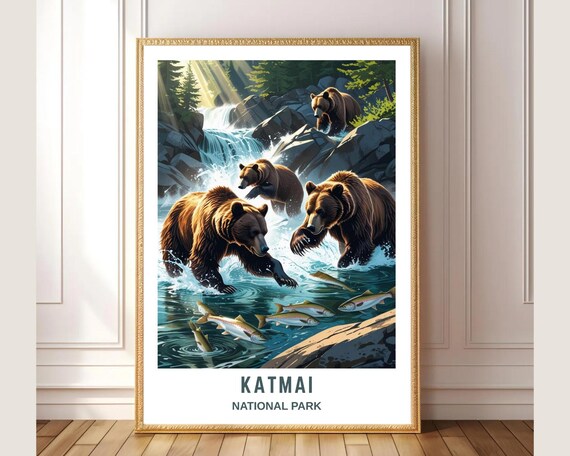 Katmai National Park Brown Bears Fishing Salmon Falls Travel Poster