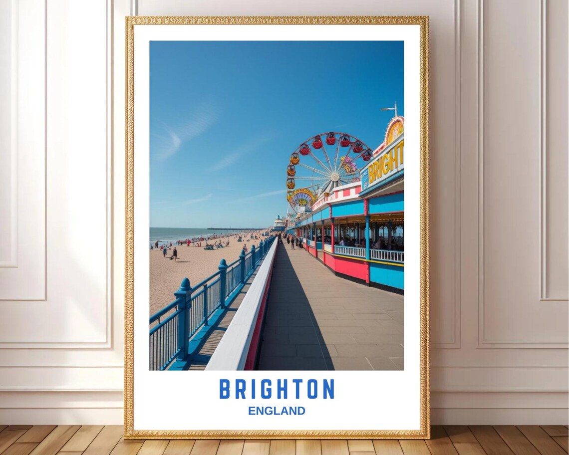 Brighton England Pier Promenade Ferris Wheel Beach Photo Travel Poster