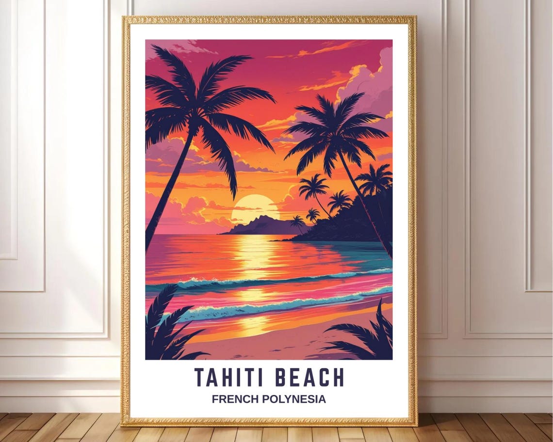 Tahiti Beach French Polynesia Sunset Palms Ocean Silhouette Poster