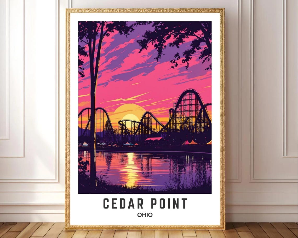 Cedar Point Ohio Roller Coaster Sunset Over Lake Waters Scene Poster