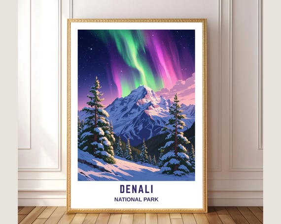 Denali National Park Poster Aurora Borealis Mountain Landscape Print Alaska Travel Wall Art Snowy Winter Nature Illustration