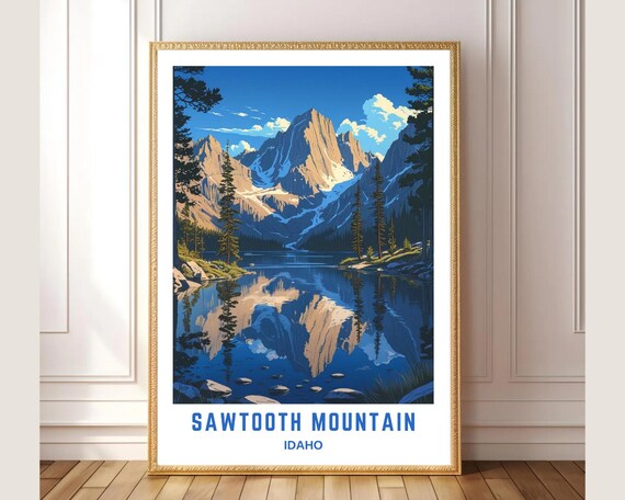 Sawtooth Mountain Idaho Vintage Travel Poster Style Alpine Lake Scene