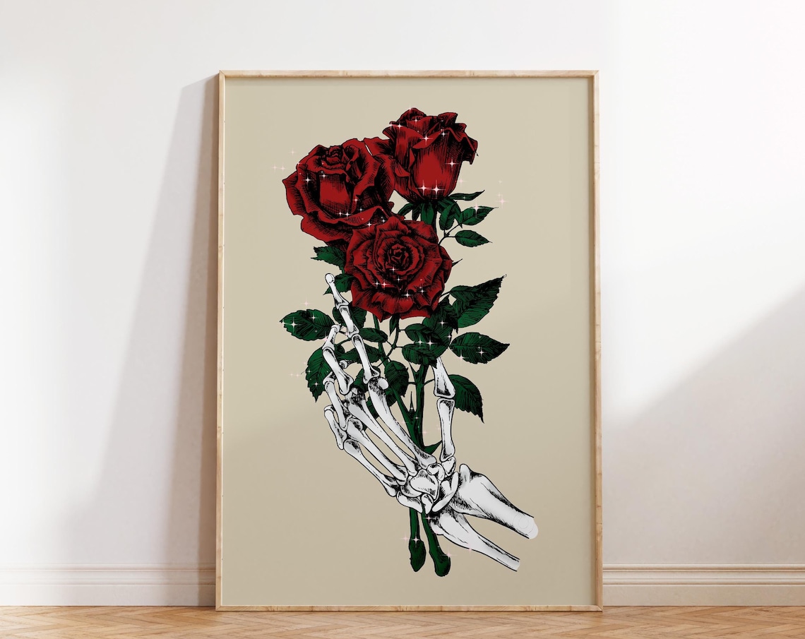 Gothic Skeleton Hand Holding Red Roses Dark Romance Art Poster