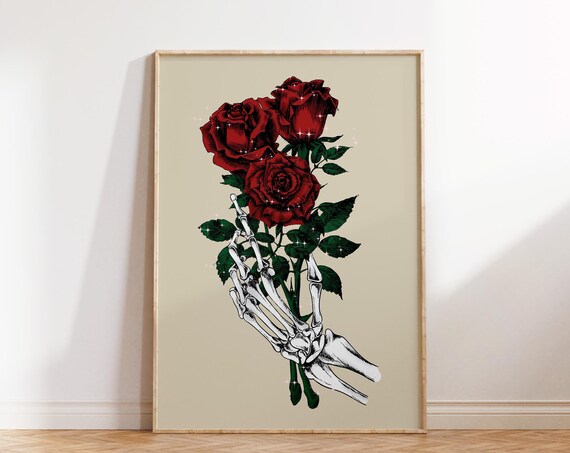 Gothic Skeleton Hand Holding Red Roses Dark Romance Art Poster