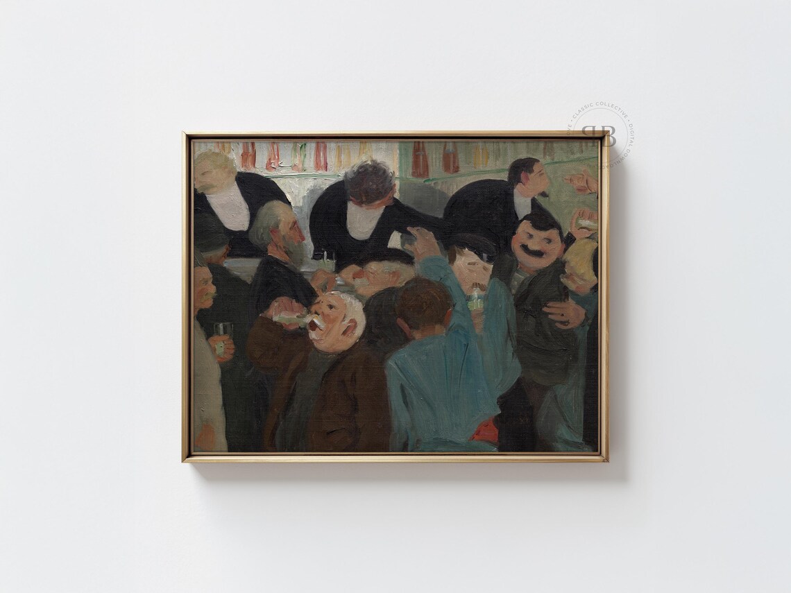 Vintage Tavern Scene Oil Painting Crowded Bar Social Gathering Wall Poster