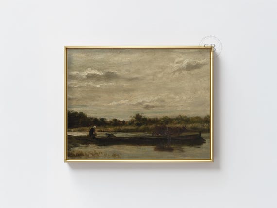 Cattle River Crossing Wall Art Rustic Farm Landscape 19th Century Rural Painting Vintage Style Decor No825