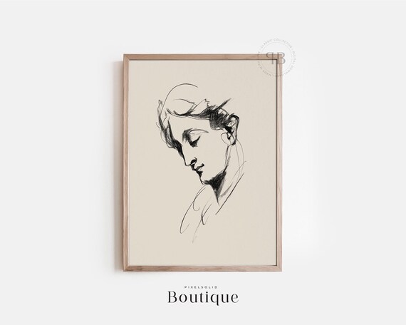 Charcoal Woman Profile Sketch Classical Minimalist Art Print Elegant Line Drawing Wall Decor Vintage Style No757