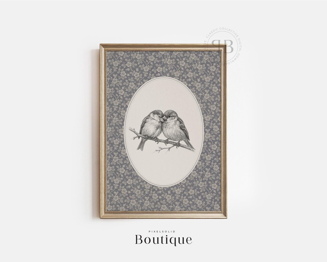 Love Birds Hand Drawn Bird Wall Art Romantic Nature Illustration Rustic Animal Vintage Style Decor No718