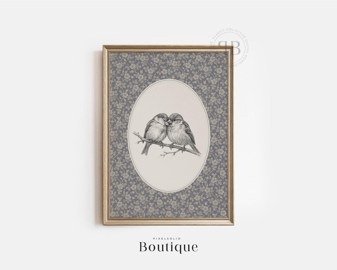 Love Birds Hand Drawn Illustration Romantic Vintage Style Poster