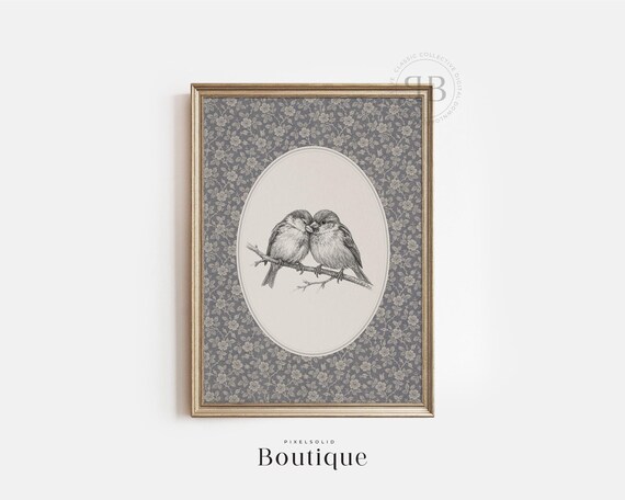 Love Birds Hand Drawn Bird Wall Art Romantic Nature Illustration Rustic Animal Vintage Style Decor No718