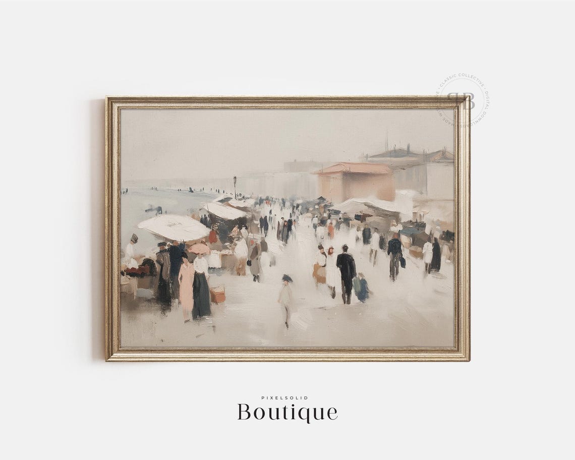 Bustling Seaside Market Day Coastal Village Impressionist Style Poster