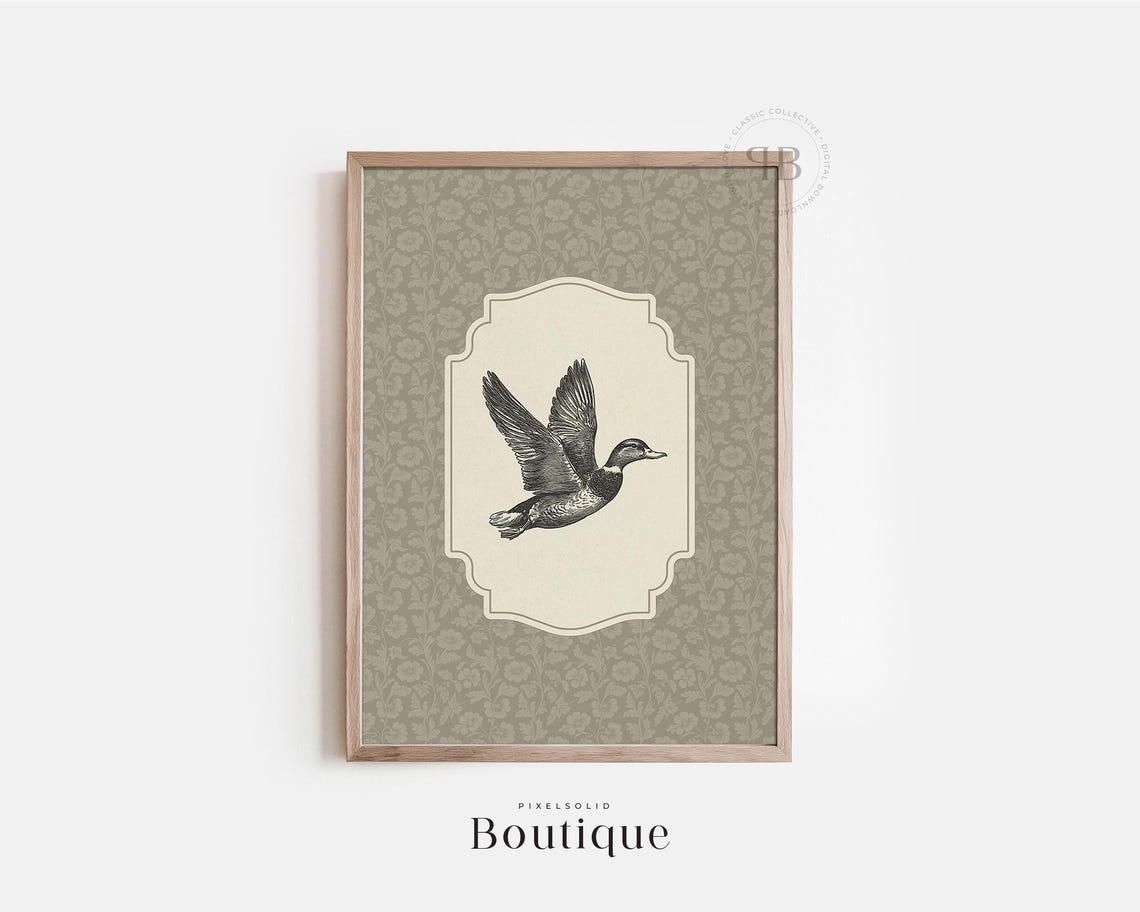 Flying Duck Vintage Engraving Farmhouse Bird Hunting Decor Poster