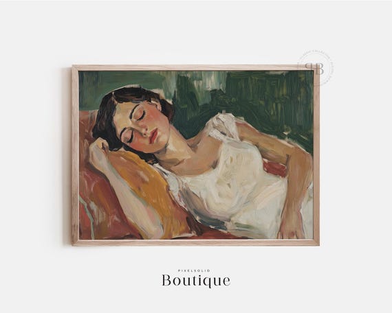 Classic Sleeping Woman Portrait Vintage Style French Art Print Moody Warm Tones Decor Fine No681