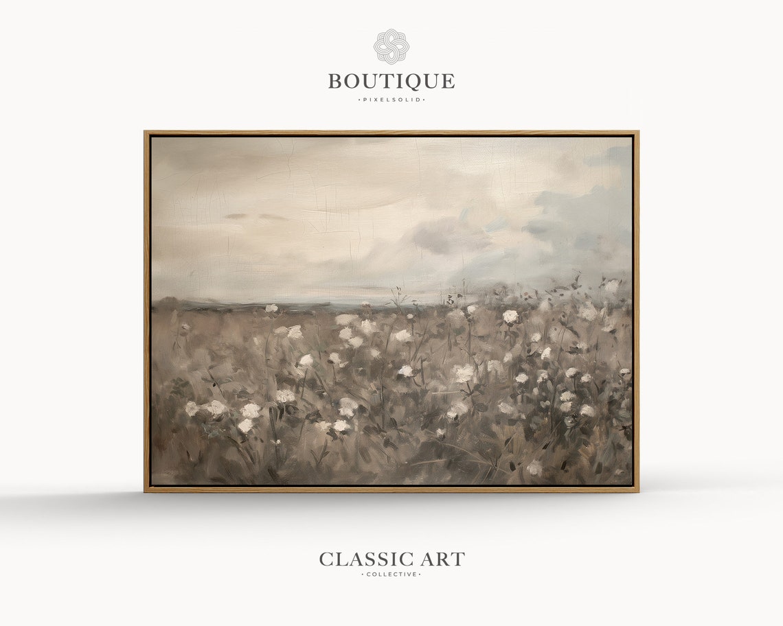 Neutral Cotton Field Autumn Cloudy Sky Farmhouse Oil Painting Print